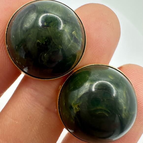 Swank vintage green swirled spinach Bakelite gold tone cufflinks cuff links